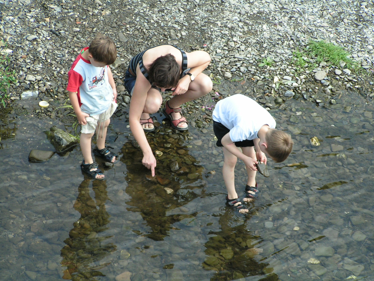 Foto: Eine erwachsene Person und zwei Kinder, die mit den Füßen im Wasser direkt am Ufer der Ruhr stehen und die Steine im Gewässer betrachten. 