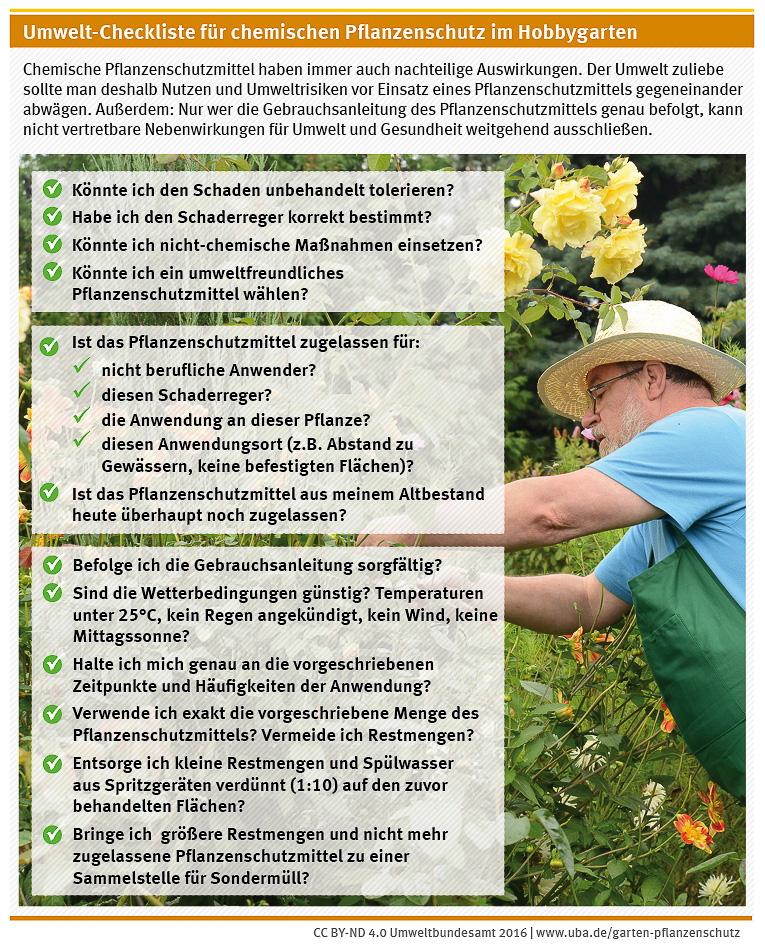 Umwelt-Checkliste für chemischen Pflanzenschutz im Hobbygarten mit einem bärtigen Mann mit Brille und Hut, der die Rosen schneidet im Hintergrund