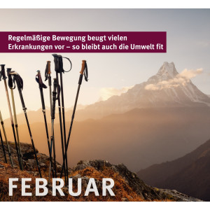 Foto von Wanderstöcken vor Bergpanorama, darüber Text: Regelmäßige Bewegung beugt vielen Erkrankungen vor – so bleibt auch die Umwelt fit