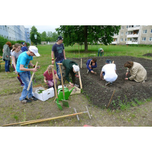 Kinder pflanzen in Dessau ein Blumenbeet.