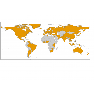 Weltkarte mit den 71 gelb gekennzeichneten Ländern
