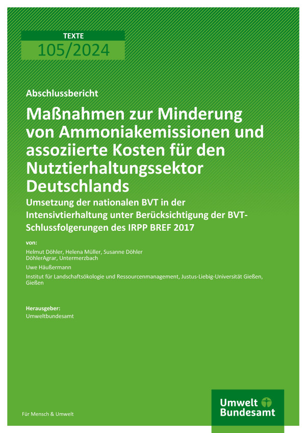 Cover des Berichts "Maßnahmen zur Minderung von Ammoniakemissionen und assoziierte Kosten für den Nutztierhaltungssektor Deutschlands"
