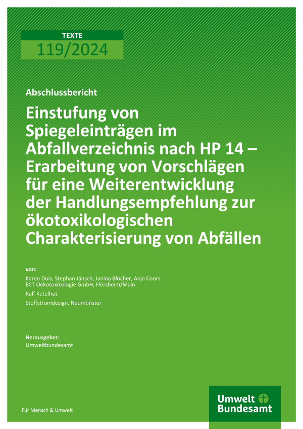 Cover des Berichts "Einstufung von Spiegeleinträgen im Abfallverzeichnis nach HP 14" 