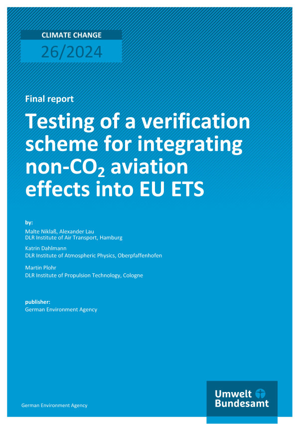 Cover des Berichts "Testing of a verification scheme for integrating non-CO2 aviation effects into EU ETS"