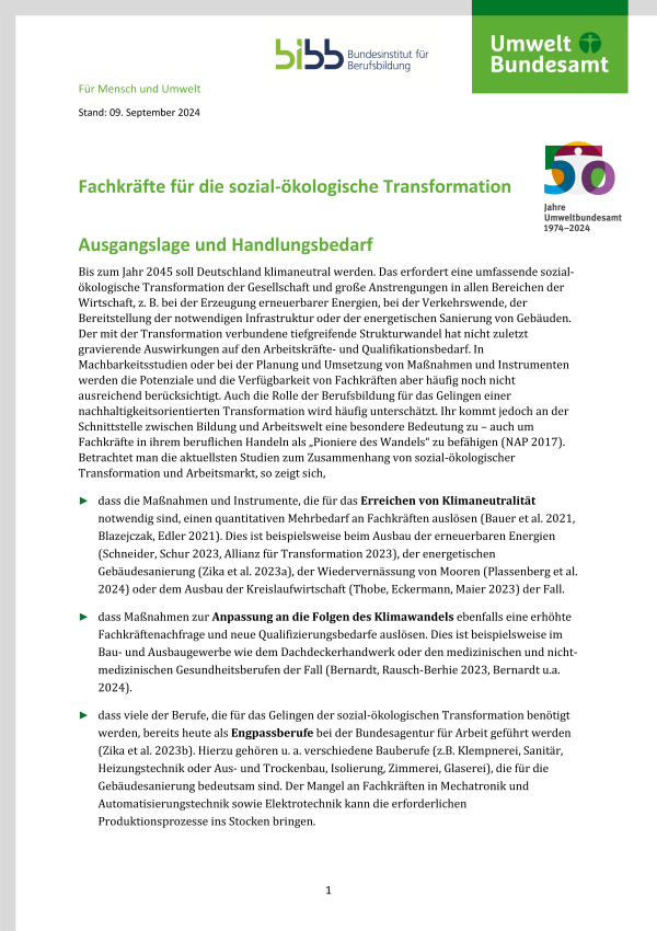 Cover des Factsheets "Fachkräfte für die sozial-ökologische Transformation"