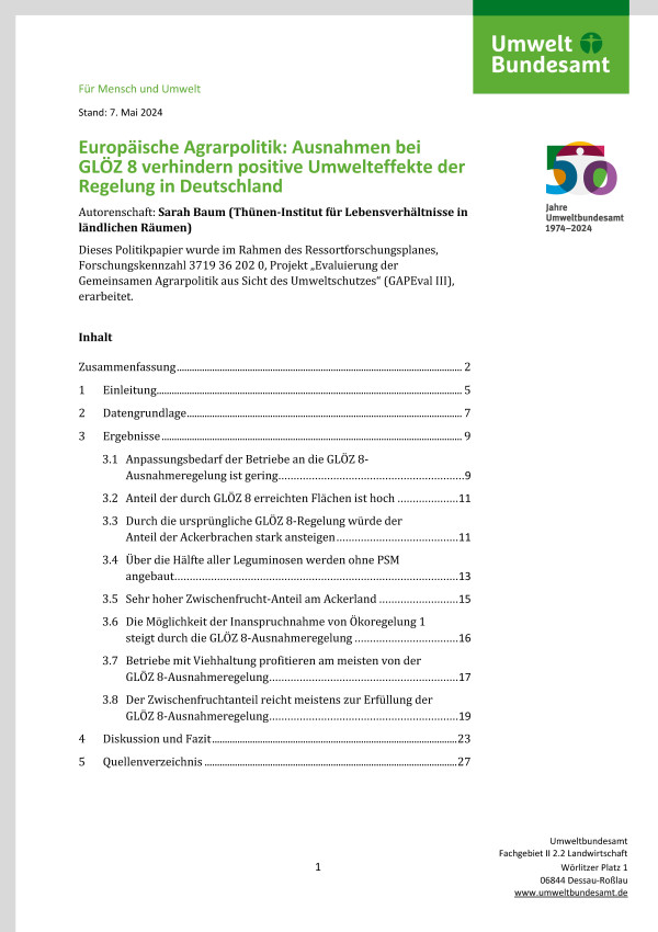 Cover des Factsheets "Europäische Agrarpolitik: Ausnahmen bei GLÖZ 8 verhindern positive Umwelteffekte der Regelung in Deutschland"