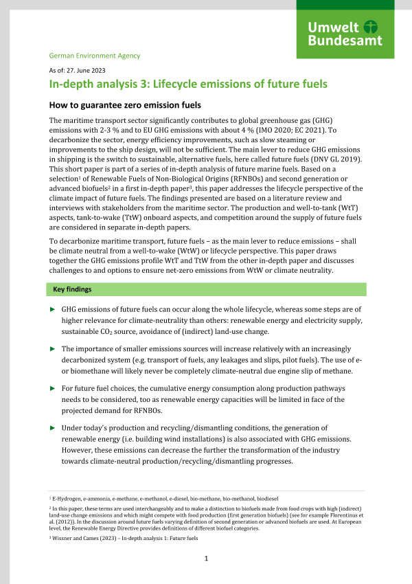 Cover of factsheet " In-depth analysis 3: Lifecycle emissions of future fuels"
