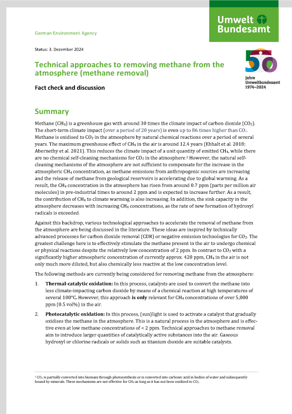 Cover des Berichts "Technical approaches to removing methane from the atmosphere" 