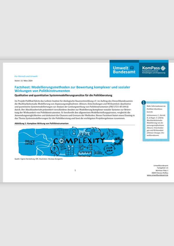 Cover des Factsheets "Modellierungsmethoden zur Bewertung komplexer und sozialer Wirkungen von Politikinstrumenten"