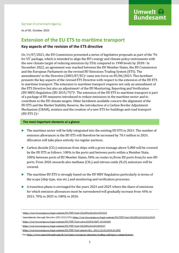 Cover des Factsheets "Extension of the EU ETS to maritime transport"