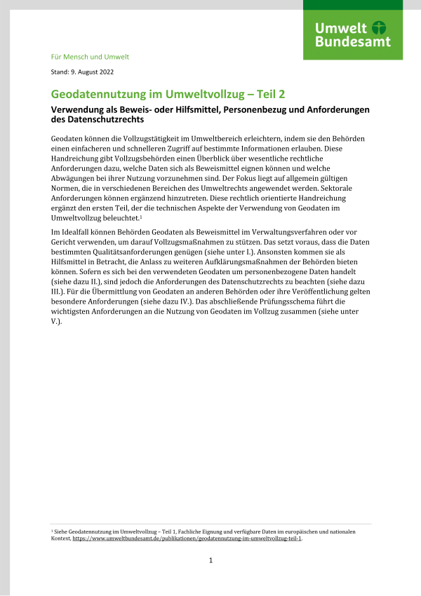 Cover des Factsheets "Geodatennutzung im Umweltvollzug – Teil 2"