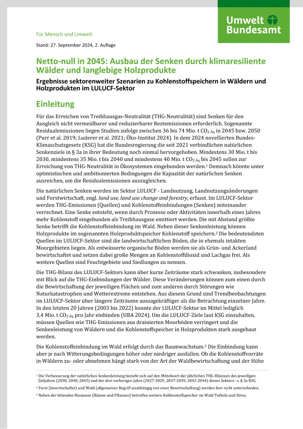 Cover des Factsheets "Netto-null in 2045: Ausbau der Senken durch klimaresiliente Wälder und langlebige Holzprodukte"