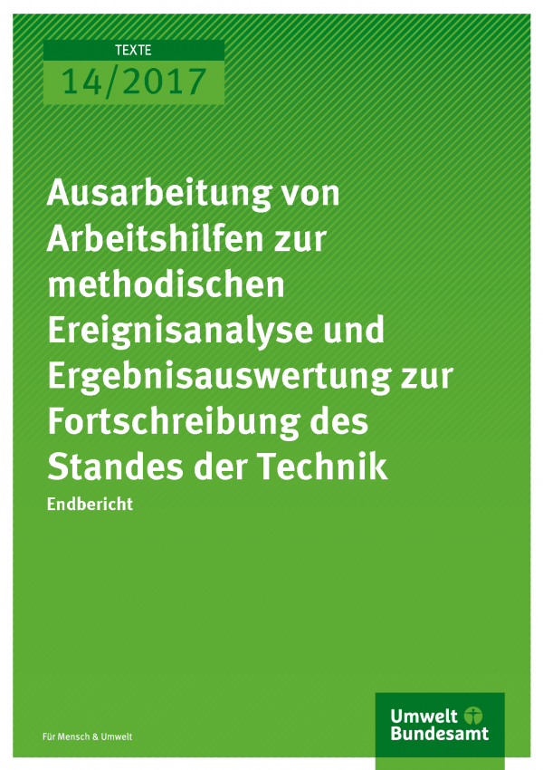 Titelseiten der Publikation Texte 14/2017: Ausarbeitung von Arbeitshilfen zur methodischen Ereignisanalyse und Ergebnisauswertung zur Fortschreibung des Standes der Technik