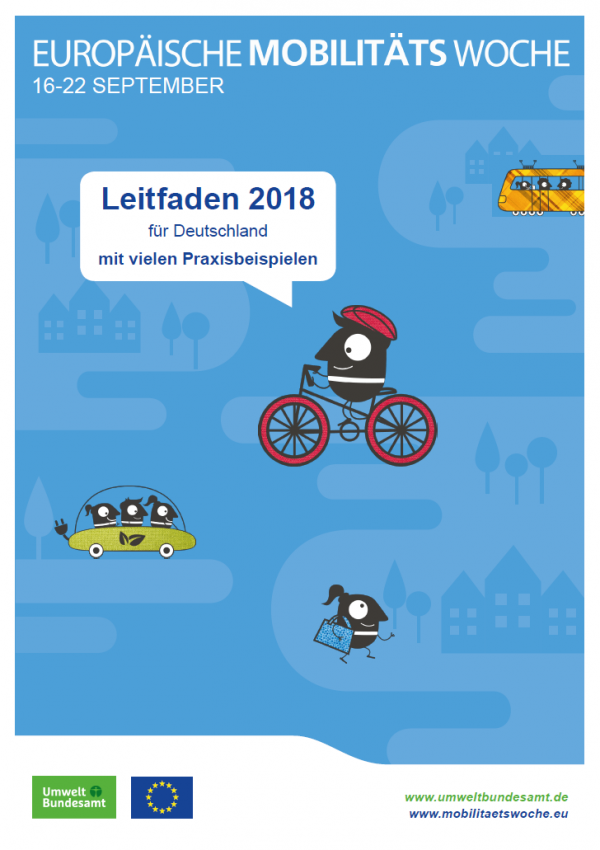 Cover der Broschüre "Europäische Mobilitätswoche: Leitfaden für Deutschland mit vielen Praxisbeispielen" mit Piktogrammen von Fußgängern, Radfahrern, einer Straßenbahn und eines voll besetzten Autos. Unten die Logos des Umweltbundesamtes und der EU und die Webadressen www.umweltbundesamt.eu und www.mobilitaetswoche.eu