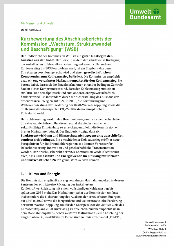 erste Seite der Kurzbewertung des Abschlussberichts der Kommission „Wachstum, Strukturwandel und Beschäftigung“ (WSB) des Umweltbundesamtes mit Logo und Angabe Stand April 2019