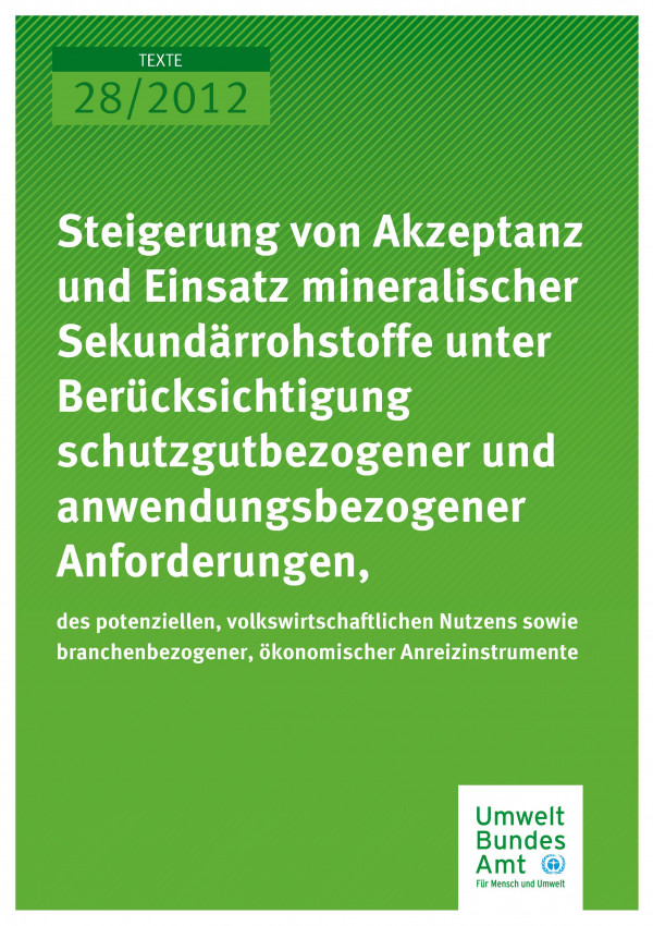 Publikation:Steigerung von Akzeptanz und Einsatz mineralischer Sekundärrohstoffe unter Berücksichtigung schutzgutbezogener und anwendungsbezogener Anforderungen, des potenziellen, volkswirtschaftlichen Nutzens sowie branchenbezogener, ökonomischer Anre