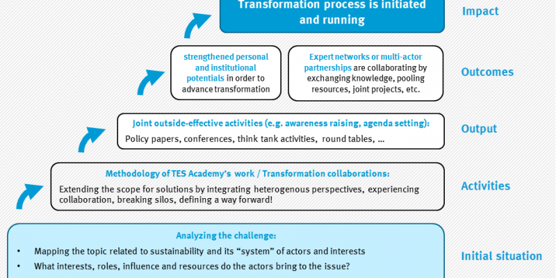 Concept for transformation process starting with analyzing the challenge, collaboration, Joint activities, building networks to intitiating the transformation process