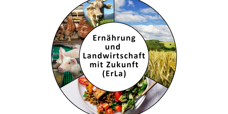 Das Bild zeigt eine kreisförmige Zusammenstellung einzelner Fotos zur Tierhaltung (Hühner, Schweine, Rinder), ein Weizenfeld und einen Teller mit einem vegetarischem Gericht aus Gemüse und Linsen. In der Mitte des Kreises steht der Schriftzug Ernährung und Landwirtschaft mit Zukunft (ErLa).