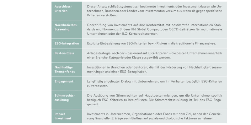 Tabellen-Grafik: Das FNG hat Daten zu acht Anlagestrategien erhoben.