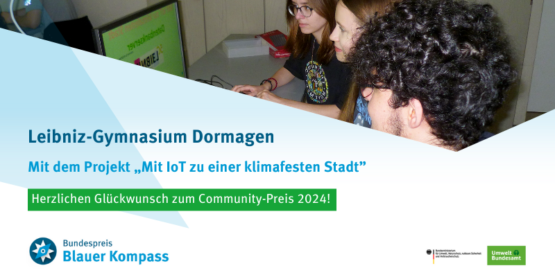 Das Bild zeigt den Community-Sieger 2024: Das Leibniz-Gymnasium Dormagen mit dem Projekt mit IoT zu einer klimafesten Stadt!
