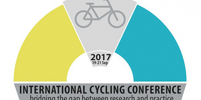 Das dreifarbige Logo der International Cycling Conference 2017 zeigt ein Fahrrad und darunter den Titel der Konferenz als Schriftzug