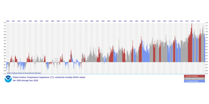 Von Ende der 1990er Jahre bis zum Jahr 2012 waren alle Jahre, die etwas weniger warm ausfielen, La Niña-Jahre. Wie El Niño- und neutrale Jahre wurden auch die eher kühlen La Niña-Jahre mit der Zeit immer wärmer.