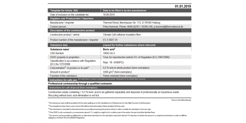 Template for mandatory designation of construction products proposed by the federal environmental agency. Following criteria were selected: EC Number, CAS Number, SVHC property, classification in accordance with Regulation, concentration, amount, function