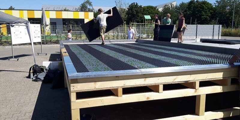 Studierende verlegen Bodenplatten auf einem Holzgerüst.