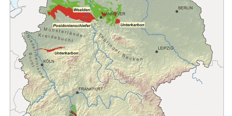 Dargestellt werden Gebiete mit Schieferöl und Schiefergaspotenzial mit Angabe des jeweiligen Tongesteinsformation