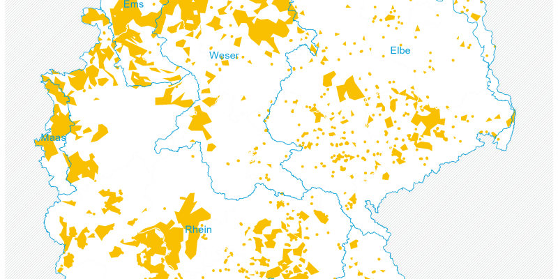 Abbildung 1: Dargestellt ist eine Karte Deutschlands, in der die nitratbelasteten Gebiete eingezeichnet sind. 