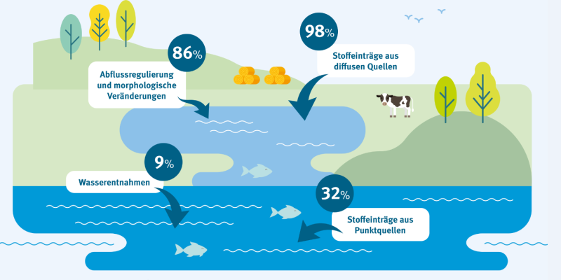 Mehrfachbelastungen der Oberflächengewässer. Prozentualer Anteil der Oberflächenwasserkörper mit bestimmten Belastungen.