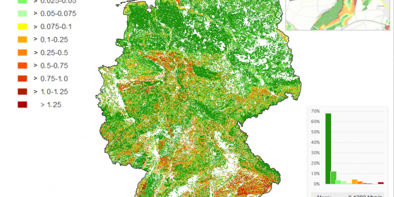 Mean long-term sediment input to surface waters caused by soil loss by water erosion (from agricultural land, naturally covered land, and open land) according to Gebel et al. 2021, with detail view (top right); areas for which no sediment input was modeled appear white