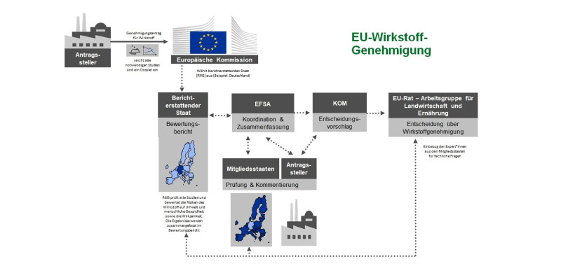 Die Grafik beschreibt das komplizierte Genehmigungsverfahren für Wirkstoffe, wie im Text beschrieben.