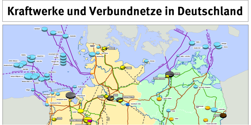 In der Karte der Kraftwerksstandorte sind Kraftwerke der öffentlichen Stromversorgung und Industriekraftwerke  mit einer Bruttoleistung ab 100 MW verzeichnet. Weiterhin sind die Höchstspannungsleitungen in den Spannungsebenen 380 kV und 220 kV eingetragen.