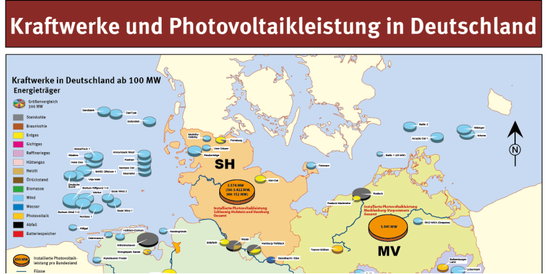 Die Karte zeigt Kraftwerke ab 100 MW sowie die installierte Photovoltaikleistung in Deutschland und den einzelnen Bundesländern.