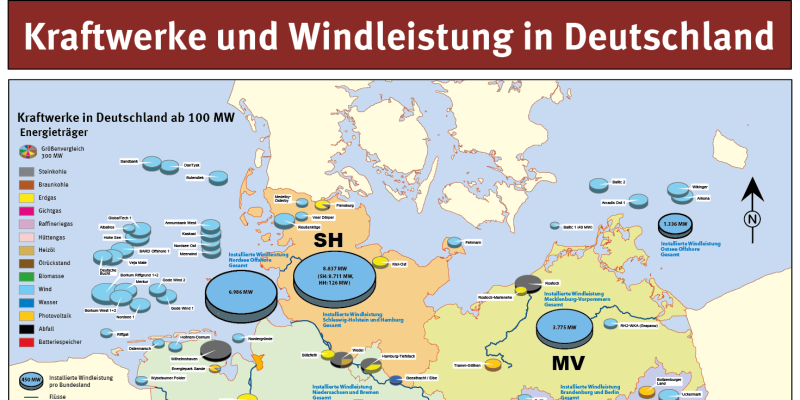 Die Karte zeigt Kraftwerke ab 100 MW sowie die installierte Windleistung in Deutschland, den einzelnen Bundesländern und auf See.