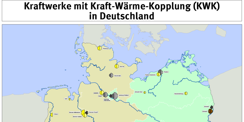 Die Karte zeigt die in Betrieb befindlichen Anlagen für Kraft-Wärme-Kopplung ab 50 Megawatt elektrischer Leistung in Deutschland.