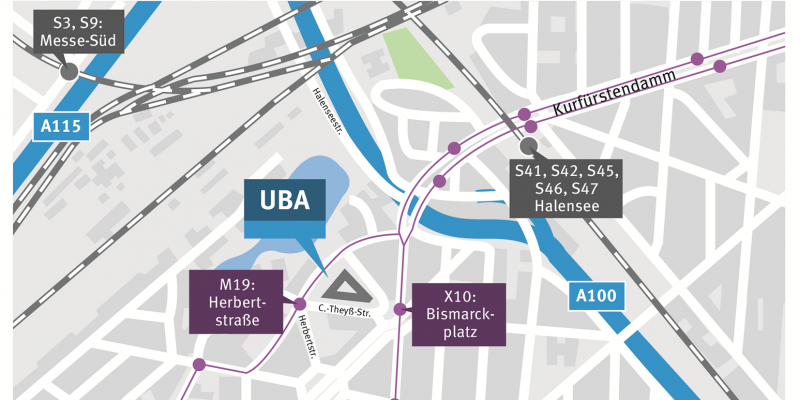 Stadtplanausschnitt: Das UBA ist am Bismarckplatz gelegen, nicht weit von Bus- und S-Bahn-Stationen