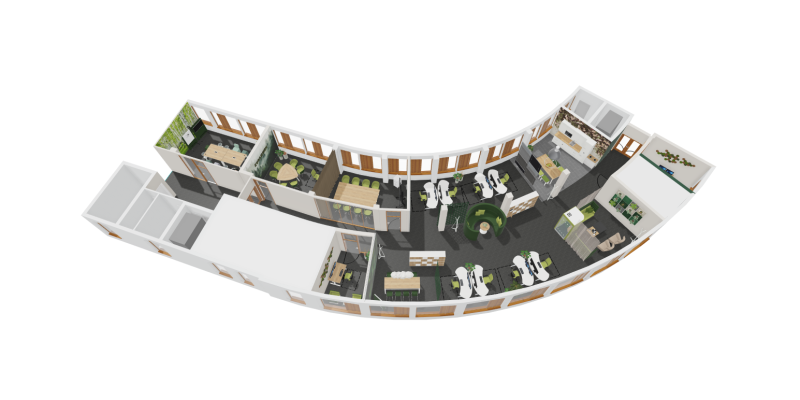 3D-Grundriss einer modernen Bürofläche mit offenen und geschlossenen Büros und Besprechungsräumen