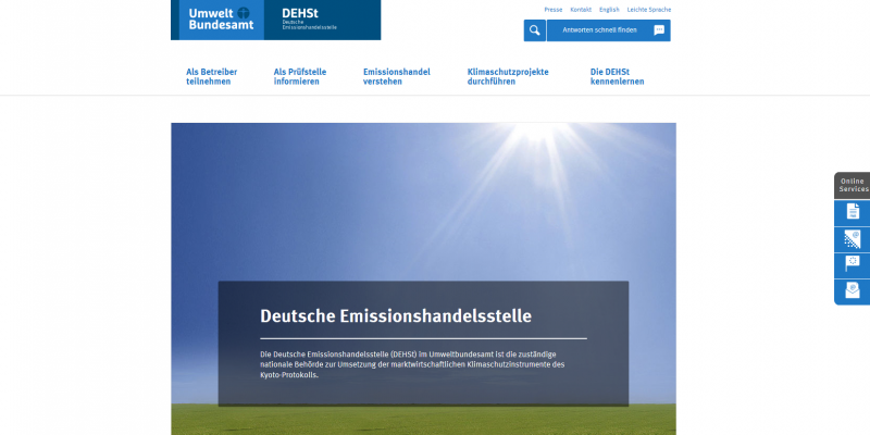 Screenshot Startseite der Website der deutschen Emissionshandelsstelle