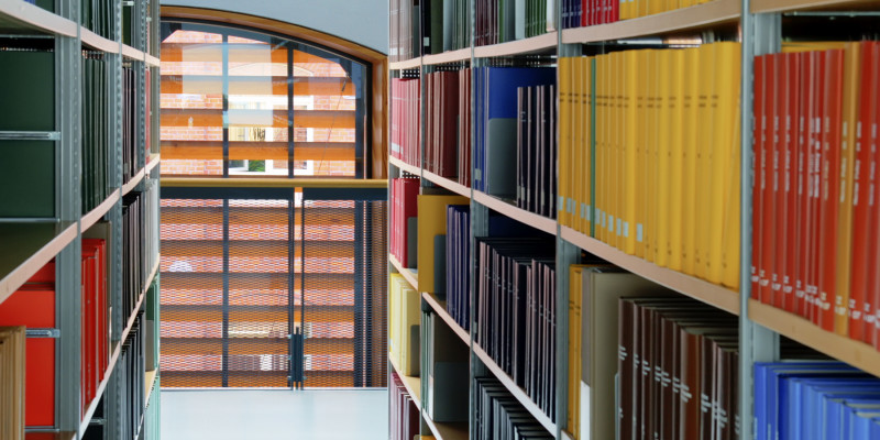 Bookshelves in red, yellow, blue and black