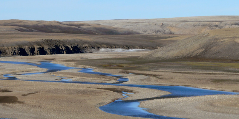 Ein Fluss schlängelt sich durch die karge arktische Landschaft.