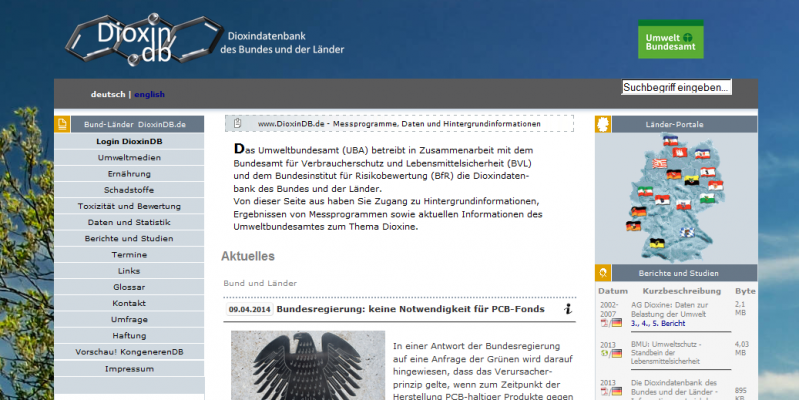 Startseite der Website der Dioxindatenbank des Bundes und der Länder