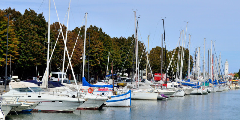 little sailing boats and motorboats in a marina