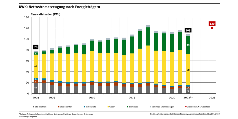 Das Balkendiagramm zeigt die Entwicklung der KWK-Nettostromerzeugung von 2003 bis 2022 für einzelne Energieträger.