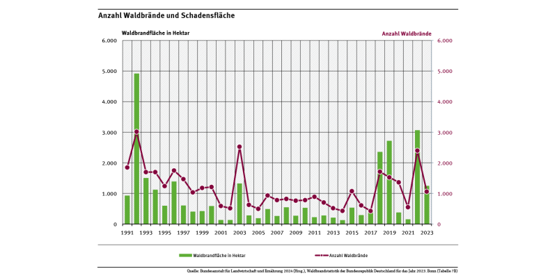 Das Diagramm zeigt die Anzahl der Waldbrände und die Schadensfläche 1991-2023. Während sich beide Werte seit 2004 auf niedrigem Niveau eingependelt hatten, stellen die Jahre 2018, 2019 und 2022 Ausreißer nach oben dar. 