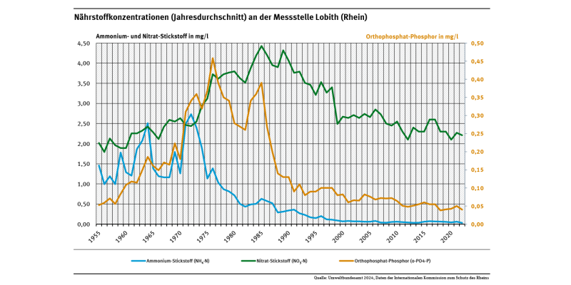 Diagramm: Die vorliegenden Jahresmittelwerte zeigen, dass im Zeitraum 1955 bis 1975 die mittleren Konzentrationen von Phosphor zunächst stark anstiegen, seit Mitte der 1980er rückläufig sind. Im Zeitraum bis 1975 stiegen die mittlere Ammonium-Stickstoff-Konzentrationen von 1 auf etwa 2,5 mg pro Liter und sind seither rückläufig. Bis 1985 ist ein Anstieg von etwa 2 auf 4 mg Nitrat-Stickstoff pro Liter zu verzeichnen. Danach setzt ein Rückgang ein.