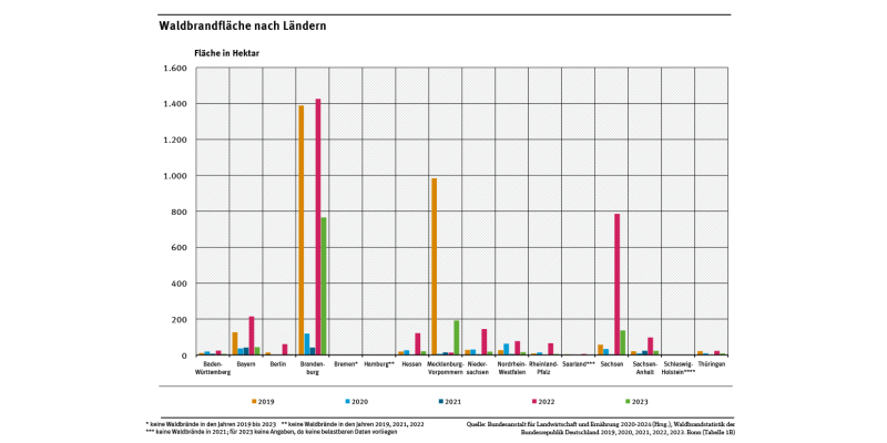 Das Diagramm zeigt die Waldbrandfläche für die einzelnen Bundesländer in den Jahren 2019 bis 2023. Brandenburg verzeichnete im Jahr 2023 die größte Waldbrandfläche.