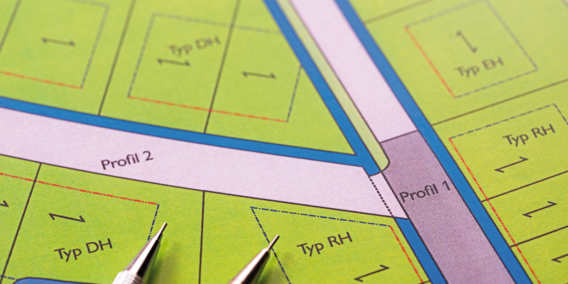 The picture shows an excerpt from a development plan for a residential area with semi-detached and terraced housing. There are two mechanical pencils lying on the plan.