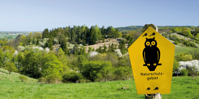 Das Bild zeigt das in den ostdeutschen Ländern übliche Schild zur Ausweisung eines Naturschutzgebiets. Es zeigt eine schwarze Eule auf gelbem Grund. Das Schild steht an einer Wiese, hinter der sich ein in Teilen bewaldeter Hügel erhebt.